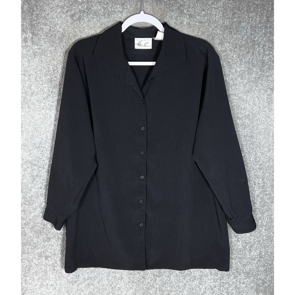 Vintage Kathie Lee Crinkle Top Womens Sz 16W‎ Black Long Sleeve Button Up Blouse